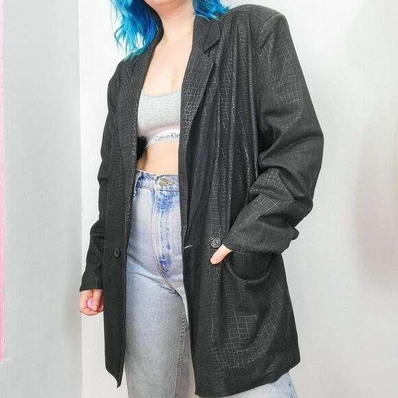 Vintage 80s Bermans Black Reptile Print Suede Leather Blazer Jacket - Picture 2 of 8
